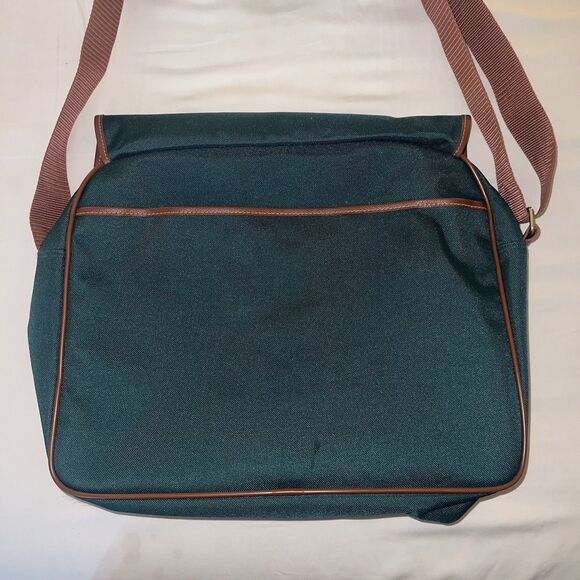 Polo Ralph Lauren Canvas Messenger Crossbody Bag Tote Green Brown Trim 15” Wide - Picture 9 of 14